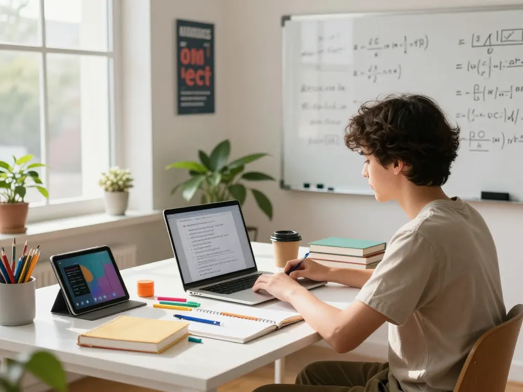 Student konzentriert auf das Hausaufgabenlösen in einer hellen Studienumgebung mit Büchern und Notizen.