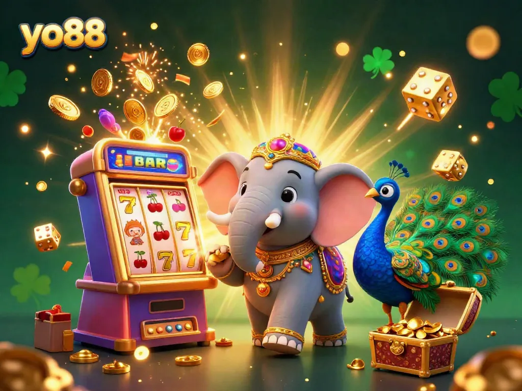 Engage with the energetic yo88 scene featuring a vibrant elephant and peacock amid a jackpot explosion.