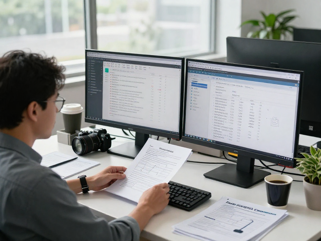 Professional scene of document fraud detection analysis with specialists reviewing digital documents and risk scores in a modern office.