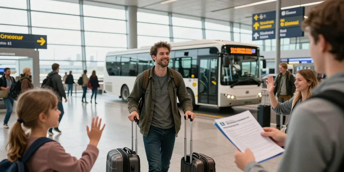Transfer Frankfurt Flughafen: Reisender am Flughafen mit Gepäck und Shuttle-Service im Hintergrund