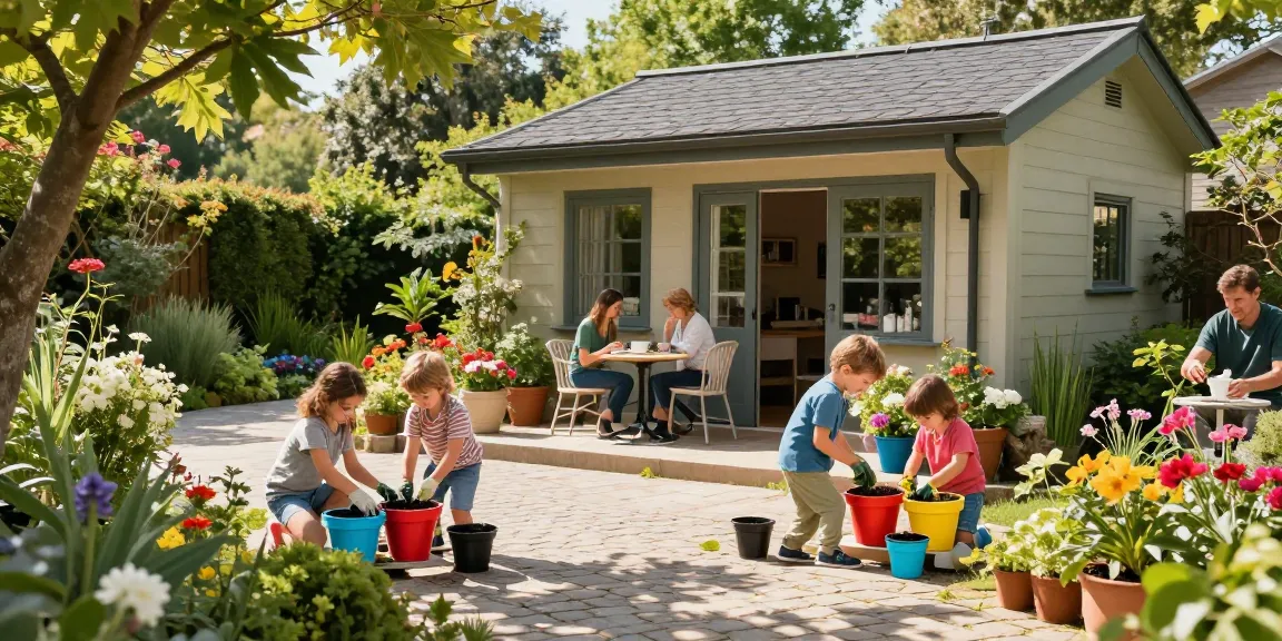 Schönes Garten Haus mit bunten Blumen und aktiven Familienmitgliedern im Garten.