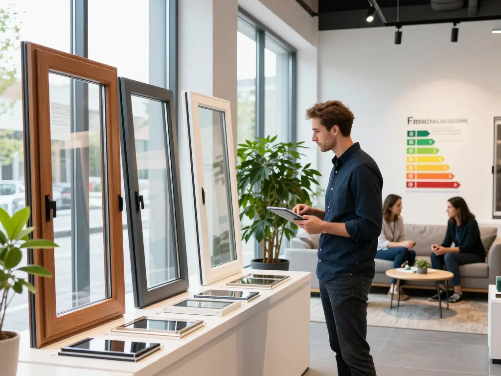 Architekt erkundet Innovationen im Fensterbau in einem modernen Showroom mit stilvollen Fensterdisplays.