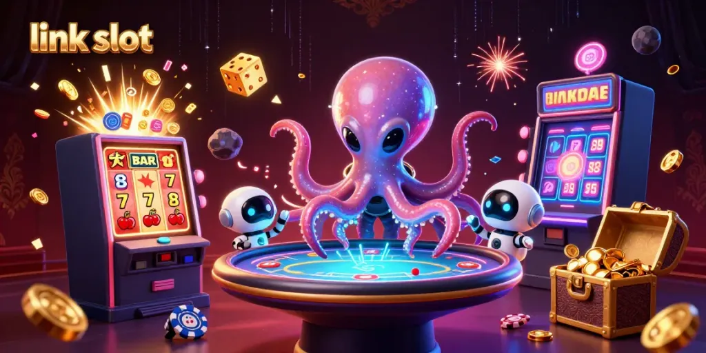 Experience thrilling gameplay with link slot as an alien octopus interacts with a holographic poker table.