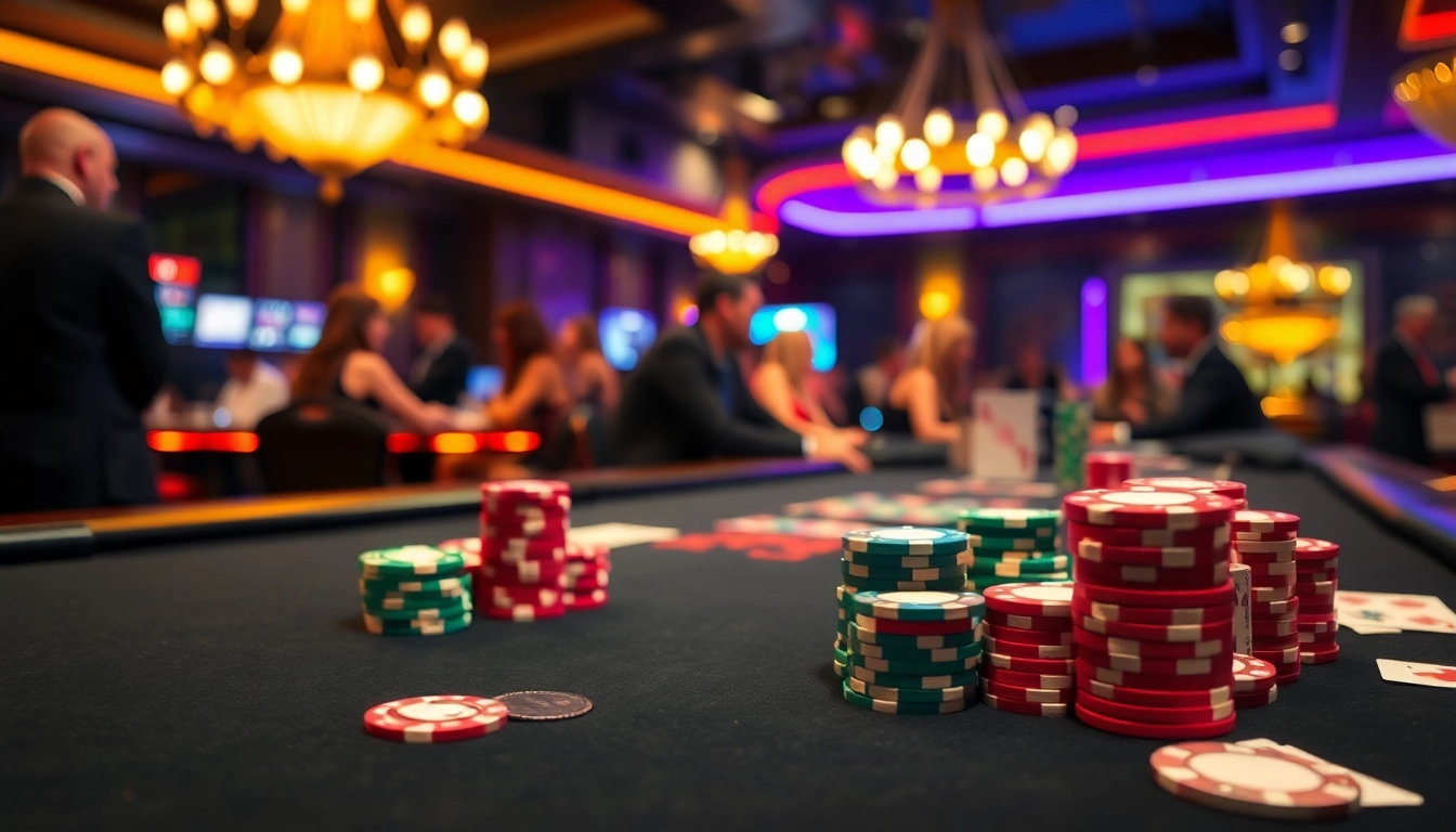 A korszerű online casino asztala élénk színes zsetonokkal és kártyákkal díszítve.