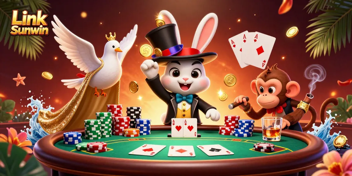 Engage with Link Sunwin's lively casino scene featuring a magician rabbit, dove, and monkey amidst colorful poker chips.